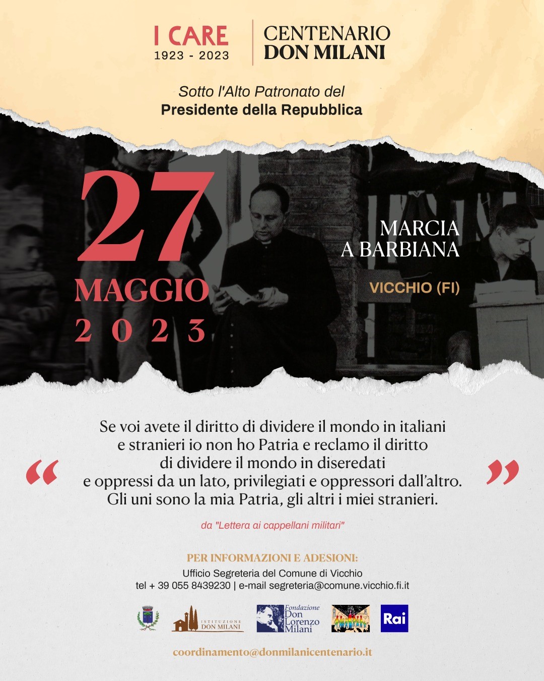 Riccardo Cesari partecipa alla XXII Marcia a Barbiana per il Centenario della nascita di don Milani. Appuntamento a Vicchio (FI)